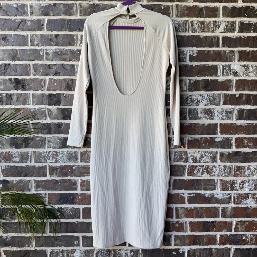 NWT Forever 21 Beige Ribbed Knit Keyhole Mock Neck Long Sleeve Midi Dress sz XL